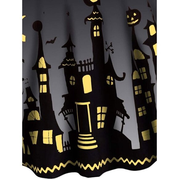 Women Black Halloween Dress Pumpkin Costume Flared Vintage Bat Print Line Dress - Picture 4 of 5